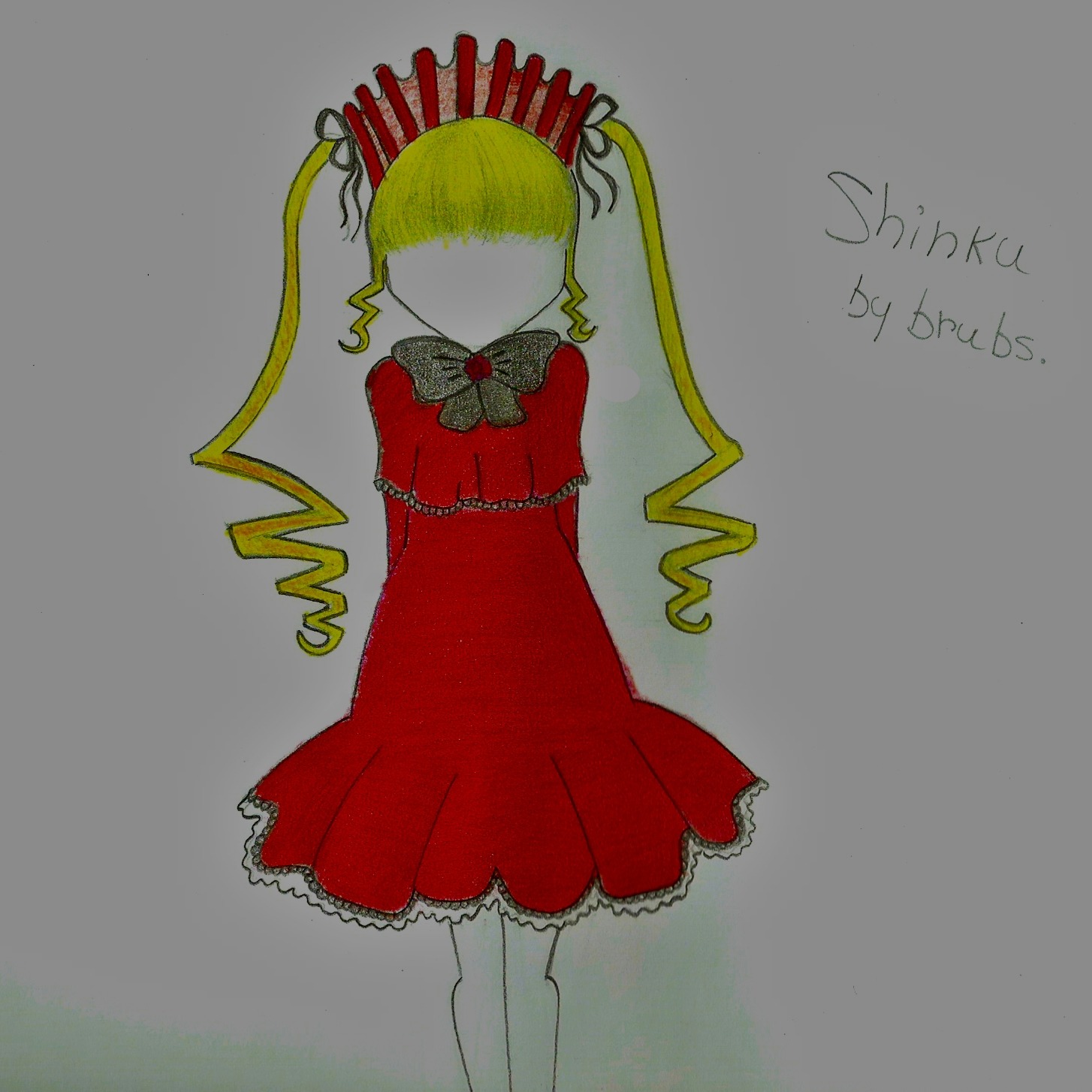 1girl blonde_hair bow crown dress image long_hair long_sleeves red_dress shinku simple_background solo standing twintails