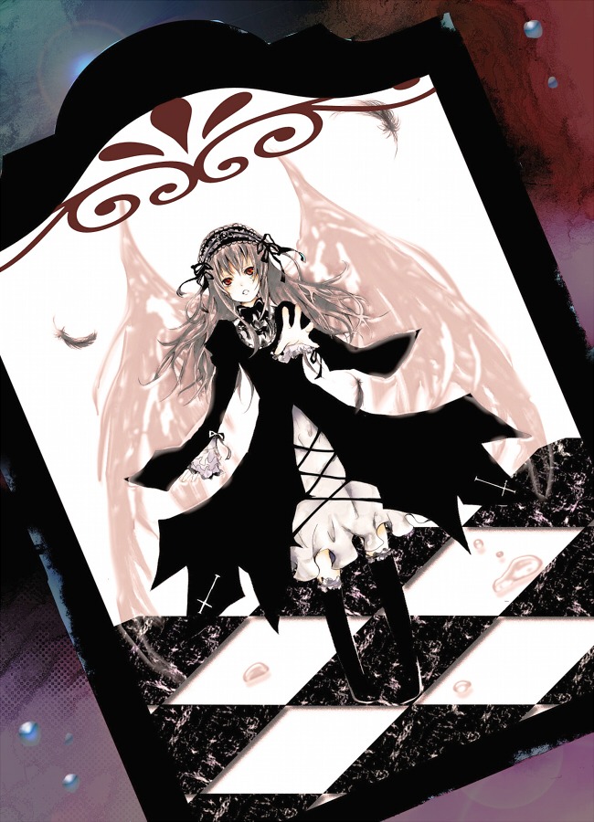 1girl black_ribbon boots checkered checkered_background checkered_floor dress flower hairband image lolita_hairband long_hair long_sleeves looking_at_viewer petals red_eyes ribbon rose smile solo standing suigintou tile_floor wings