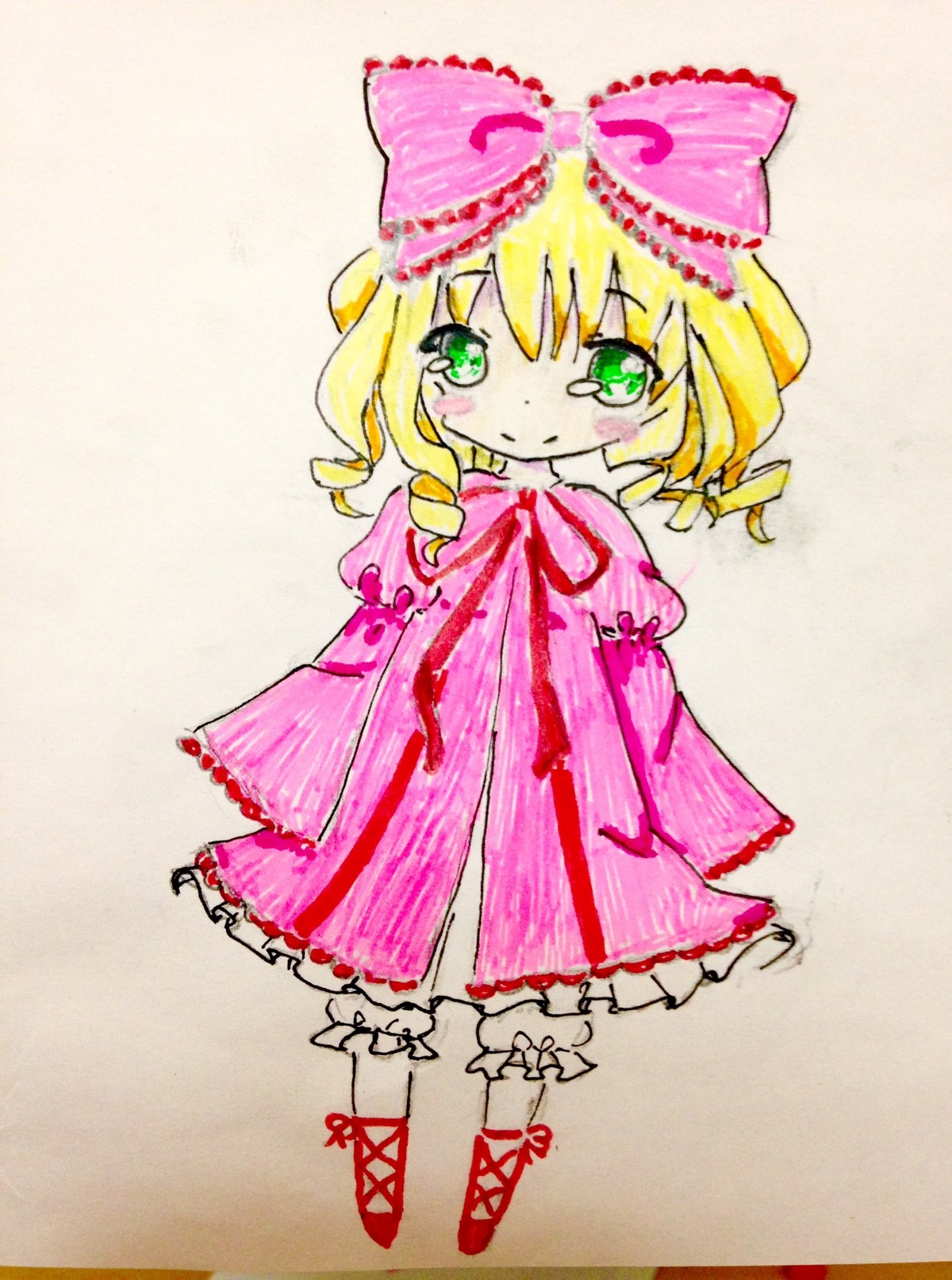1girl blonde_hair blush bow cross-laced_footwear dress full_body green_eyes hair_bow hina_ichigo hinaichigo image long_sleeves looking_at_viewer pink_bow pink_dress short_hair smile solo standing traditional_media