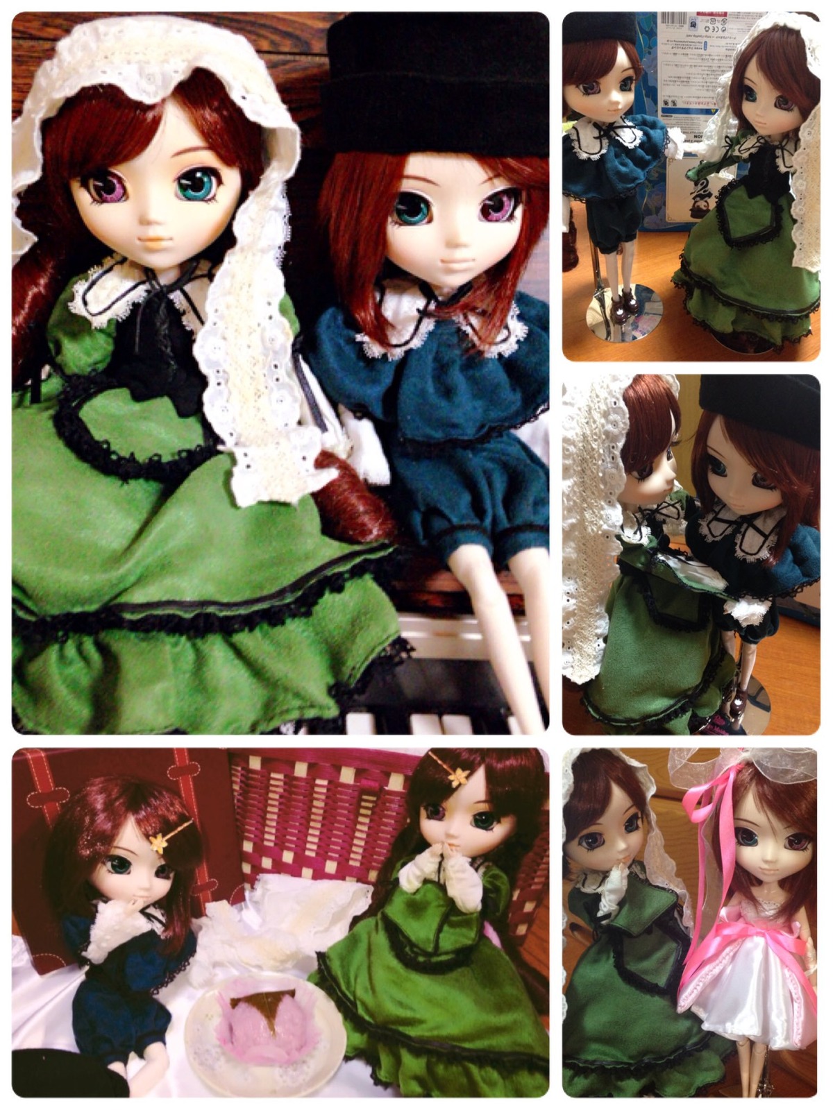 1girl brown_hair doll dress frills green_dress hat heterochromia long_hair long_sleeves multiple_dolls multiple_girls smile souseiseki suiseiseki tagme