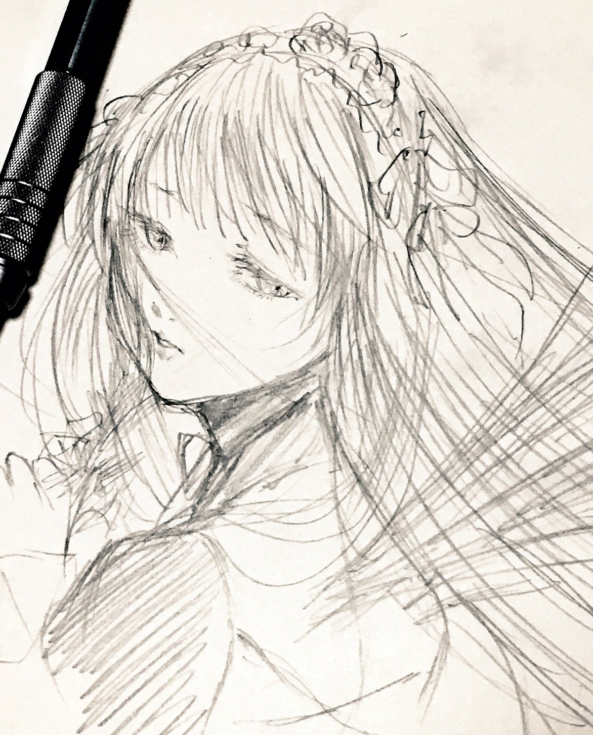 1girl bangs flower greyscale hair_flower hair_ornament head_wreath image long_hair monochrome sketch solo suigintou upper_body