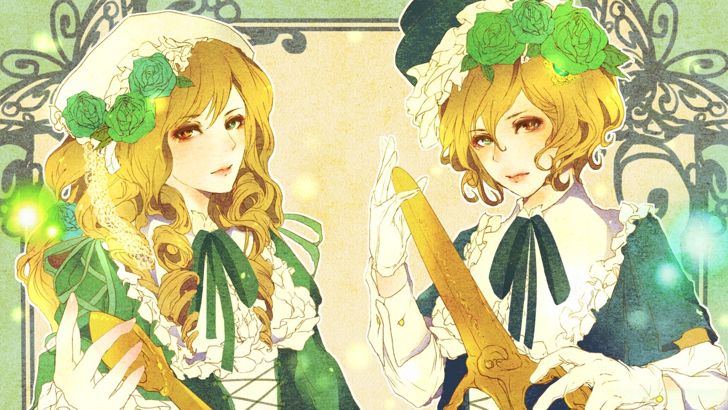 2girls blonde_hair dress flower frills gloves hair_ornament hat image long_hair multiple_girls pair ribbon rose short_hair siblings souseiseki suiseiseki twins white_rose yellow_rose