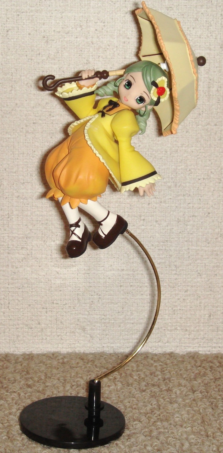 1girl blush doll dress green_eyes green_hair hair_ornament kanaria open_mouth pantyhose parasol shoes solo umbrella