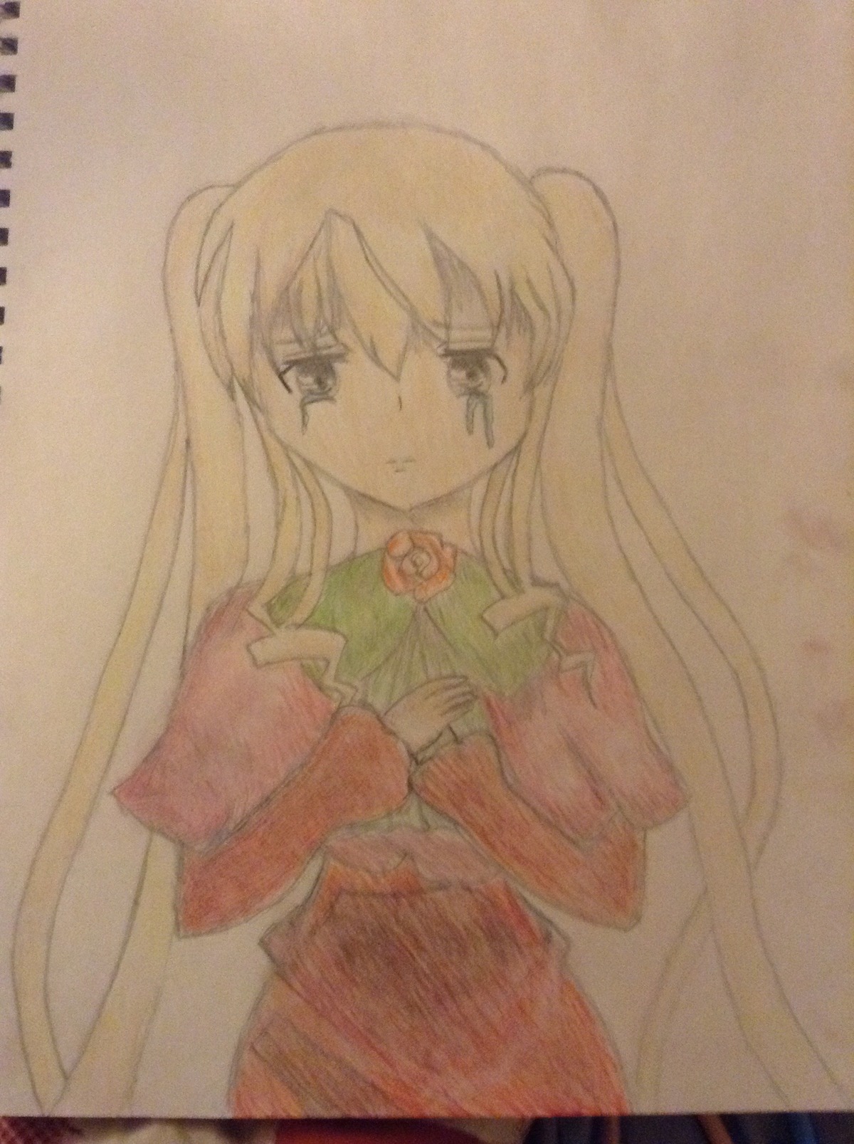 1girl auto_tagged blonde_hair flower image long_hair long_sleeves looking_at_viewer rose sad shinku simple_background solo traditional_media very_long_hair
