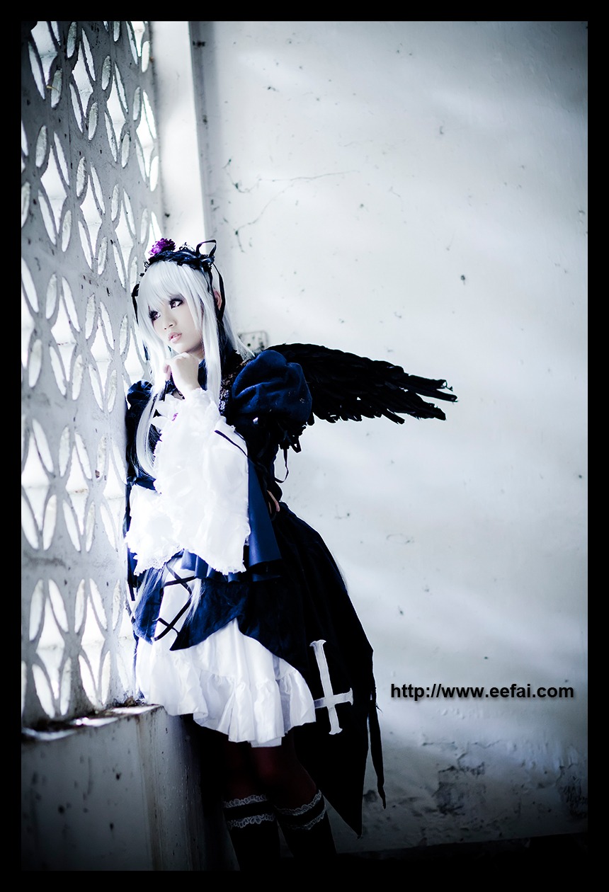 1girl black_border black_wings dress frills gwendolyn_(odin_sphere) letterboxed long_hair pillarboxed solo suigintou weapon white_hair windowboxed wings