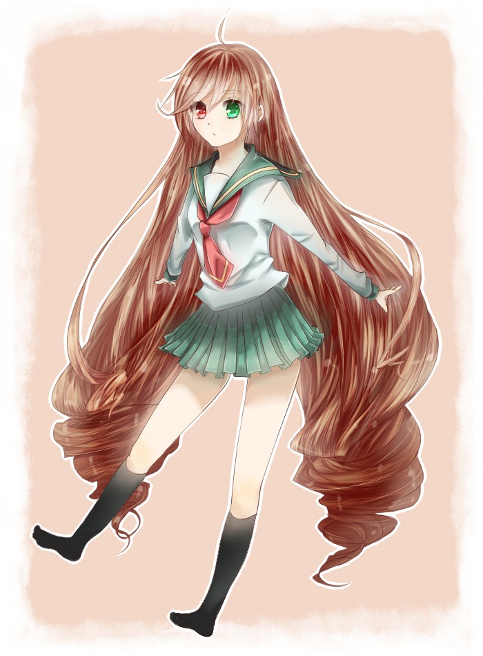 1girl ahoge black_legwear brown_hair drill_hair full_body green_eyes heterochromia image kneehighs long_hair long_sleeves pleated_skirt red_eyes school_uniform serafuku skirt solo standing suiseiseki twin_drills very_long_hair