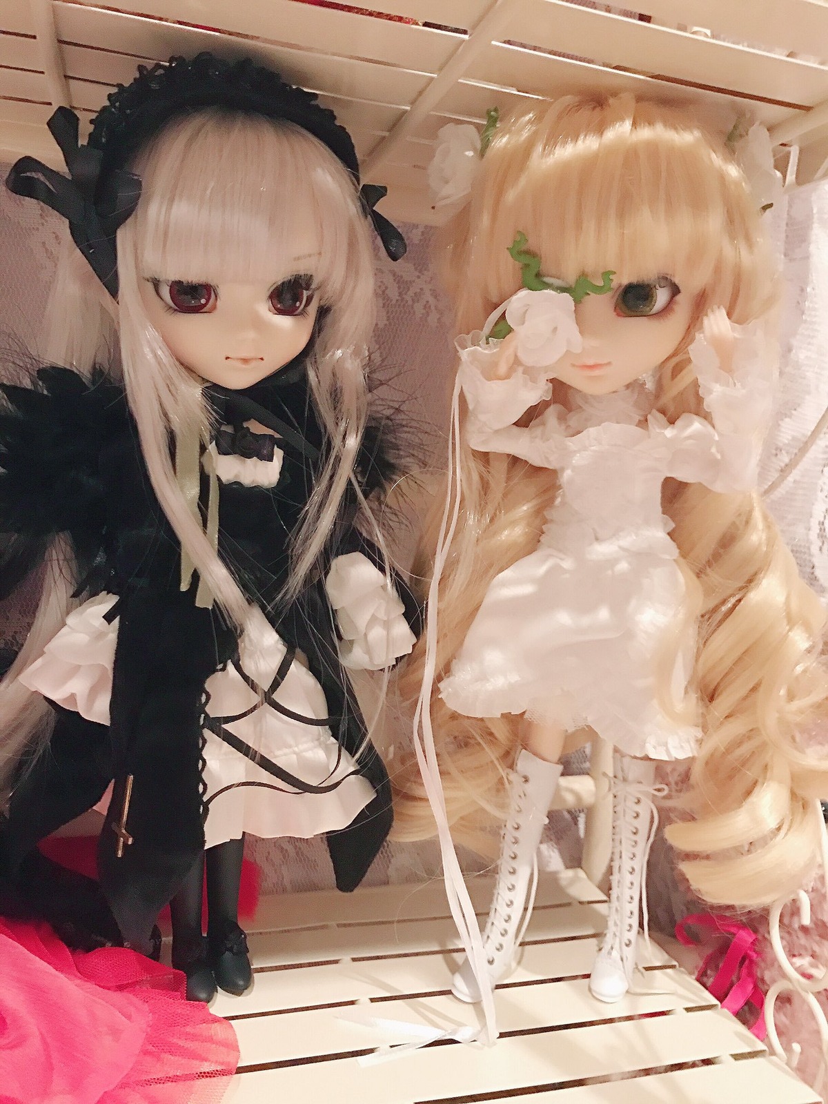 2girls bangs blonde_hair closed_mouth doll dress long_hair looking_at_viewer multiple_dolls multiple_girls tagme