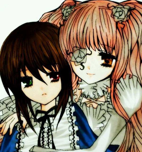 2girls brown_hair dress flower frills green_eyes image kirakishou long_hair long_sleeves looking_at_viewer multiple_girls pair red_eyes rose souseiseki suigintou suiseiseki