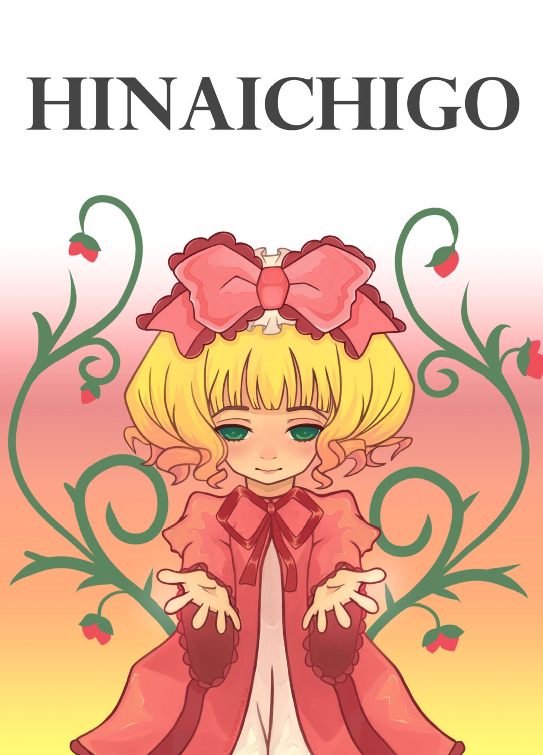 1girl bangs blonde_hair blush bow dress flower green_eyes hair_bow hina_ichigo hinaichigo image leaf long_sleeves looking_at_viewer object_namesake pink_bow plant short_hair solo upper_body vines