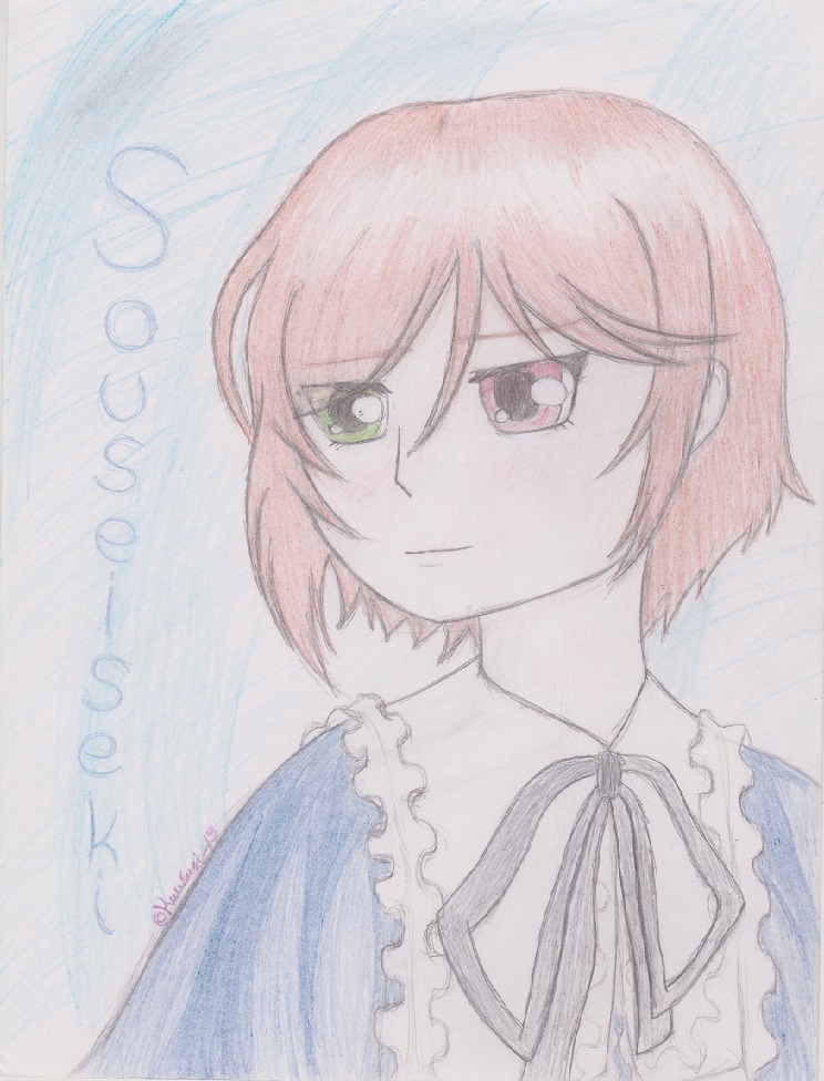 1girl closed_mouth dated frills hair_between_eyes image looking_at_viewer no_hat no_headwear ribbon short_hair solo souseiseki traditional_media upper_body