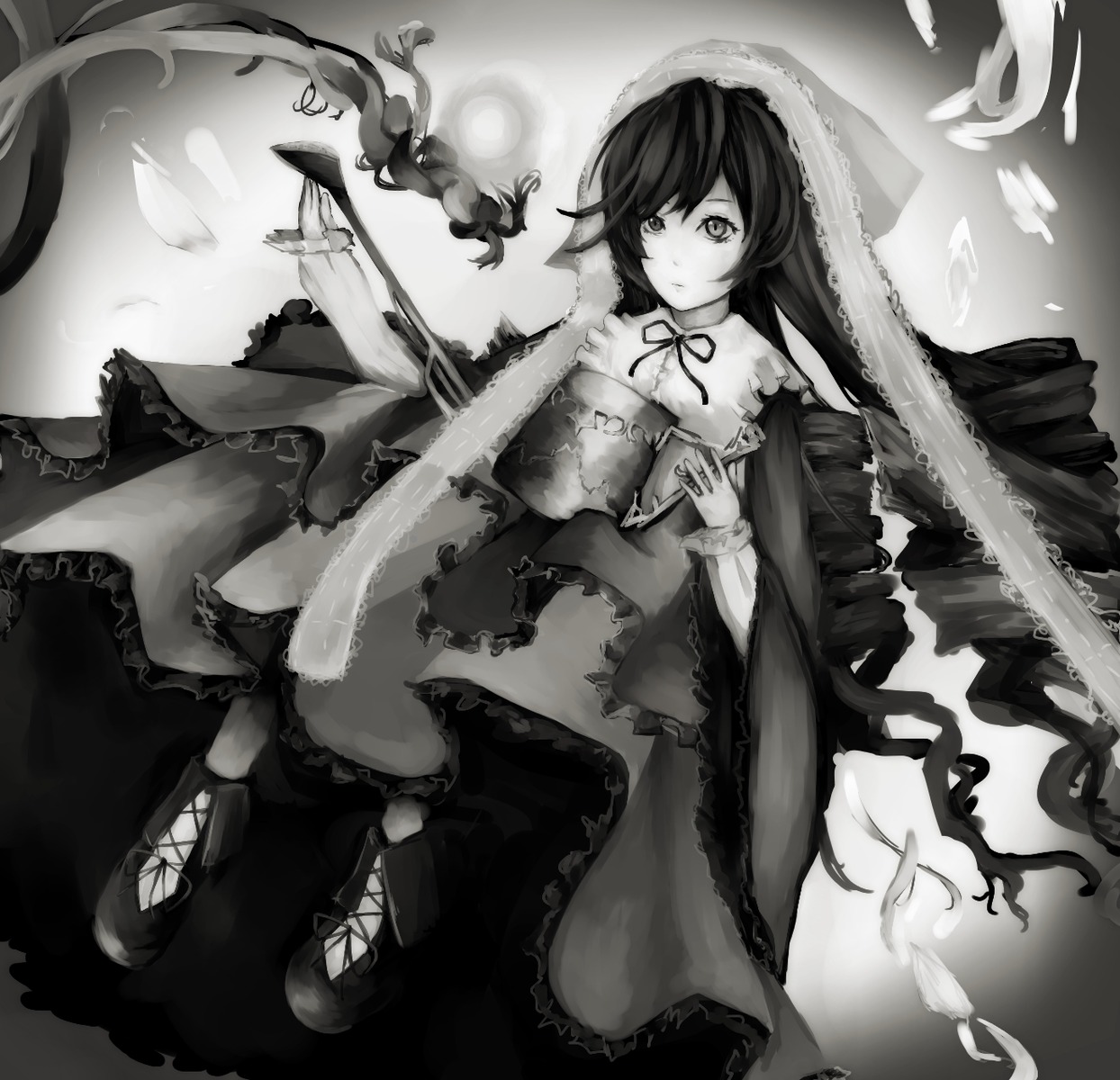 1girl breasts closed_mouth collarbone dress drill_hair feathers frills full_body greyscale image long_hair long_sleeves looking_at_viewer monochrome ribbon solo standing suiseiseki very_long_hair wide_sleeves