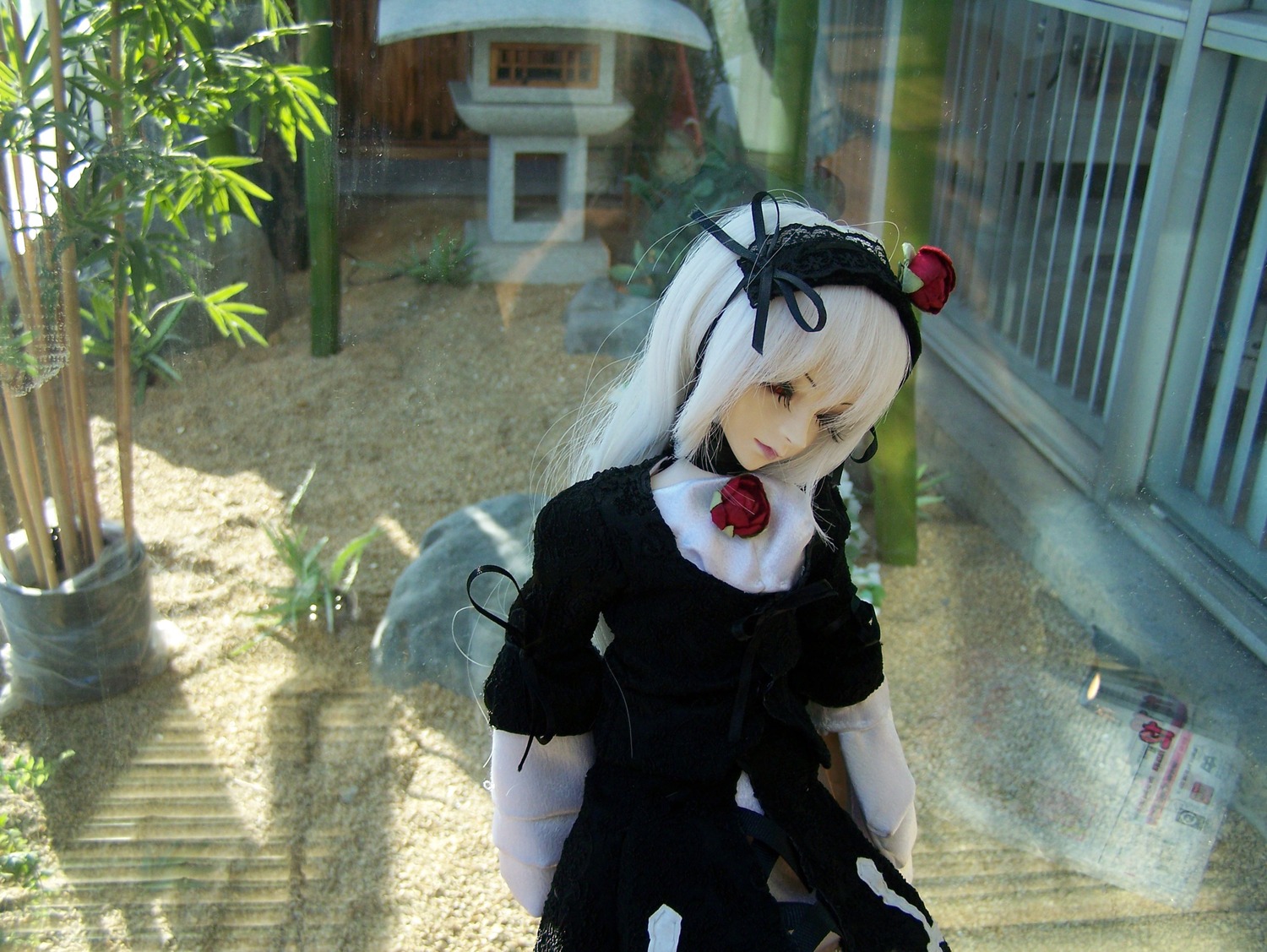 1girl 3d black_dress building city doll dress flower gothic_lolita solo suigintou white_hair
