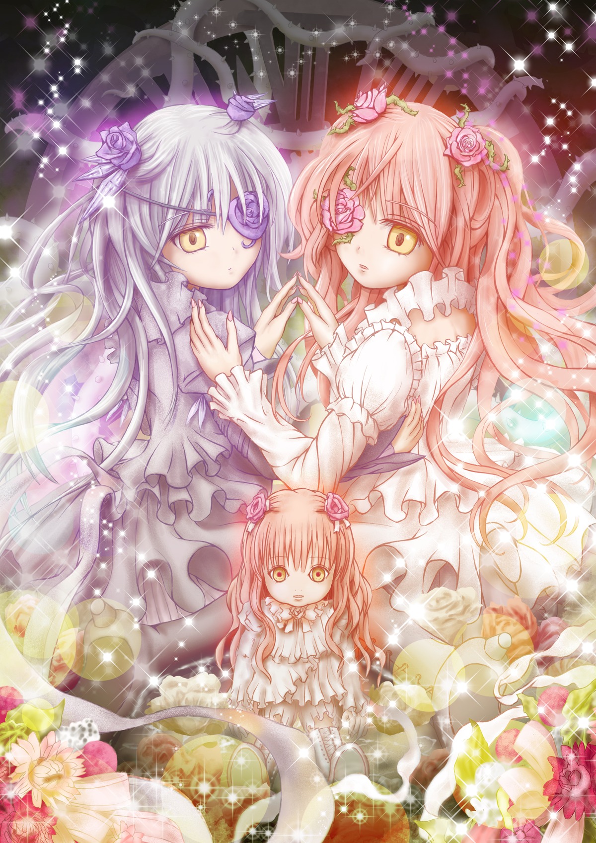 3girls barasuishou dress eyepatch flower frills hair_flower hair_ornament image kirakishou long_hair multiple_girls pair pink_flower pink_hair pink_rose purple_flower purple_rose red_flower ribbon rose silver_hair sparkle two_side_up ultimate_madoka white_dress yellow_eyes