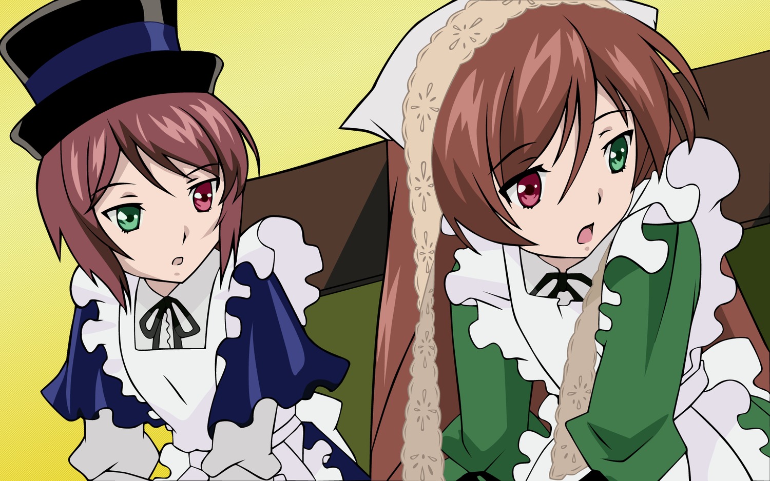 :o brown_hair dress frills green_dress green_eyes hat heterochromia image long_hair long_sleeves looking_at_viewer open_mouth pair red_eyes short_hair siblings simple_background sisters souseiseki suiseiseki top_hat twins yellow_background