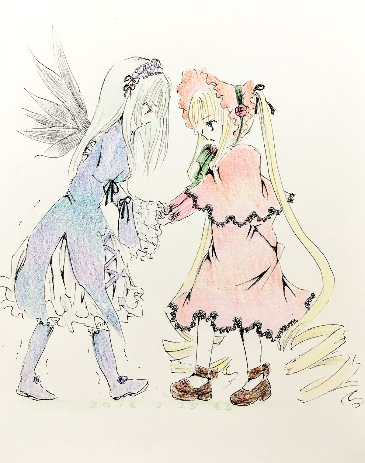 2girls blonde_hair blue_eyes boots dress flower image long_hair long_sleeves multiple_girls pair shinku sisters suigintou very_long_hair wings