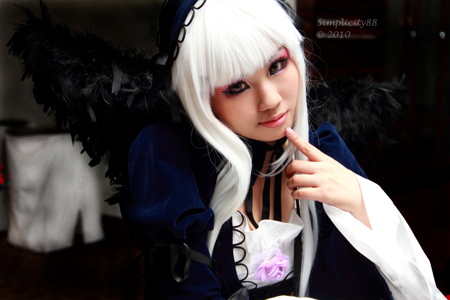 1girl auto_tagged bangs choker closed_mouth dress finger_to_mouth index_finger_raised lips long_sleeves looking_at_viewer nail_polish shushing solo suigintou upper_body white_hair
