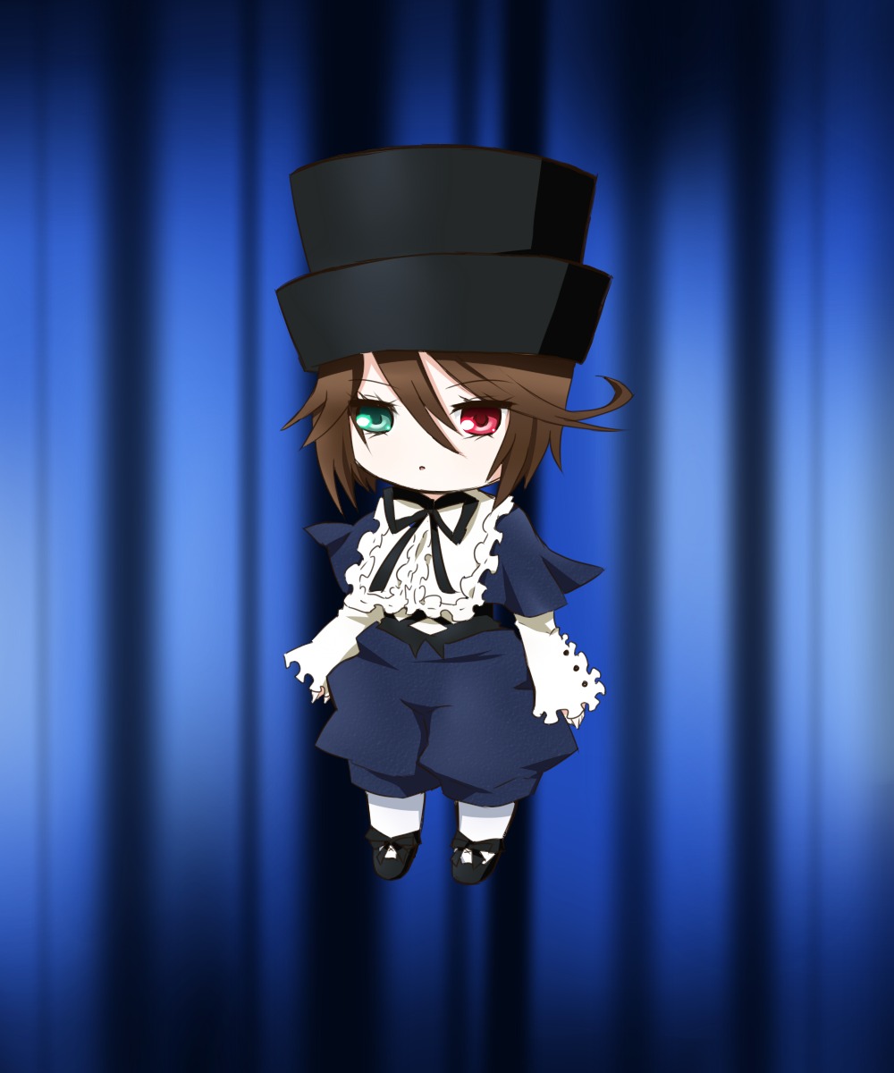 1girl brown_hair chibi curtains dress frills full_body green_eyes hat heterochromia image long_sleeves looking_at_viewer pantyhose red_eyes ribbon short_hair solo souseiseki standing suiseiseki top_hat white_legwear