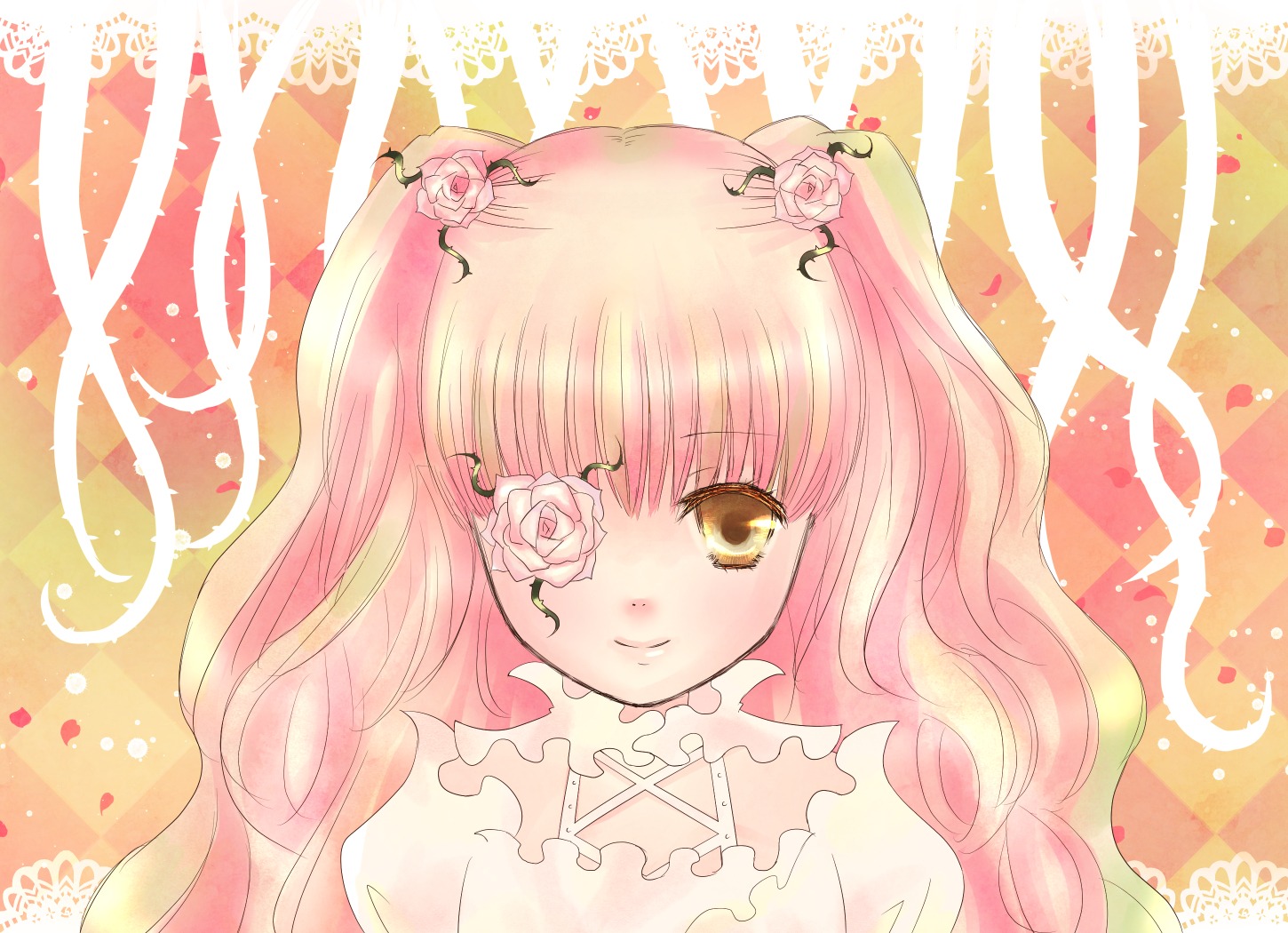 1girl bangs blonde_hair flower gradient_hair hair_flower hair_ornament image kirakishou long_hair looking_at_viewer multicolored_hair pink_flower pink_hair pink_rose rose smile solo thorns white_flower yellow_eyes