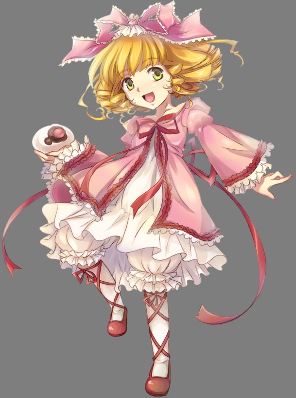 1girl :d alphes_(style) blonde_hair bloomers bow dress food frills full_body green_eyes hina_ichigo hinaichigo image long_sleeves open_mouth pink_bow ribbon short_hair smile solo style_parody transparent_background underwear white_bloomers