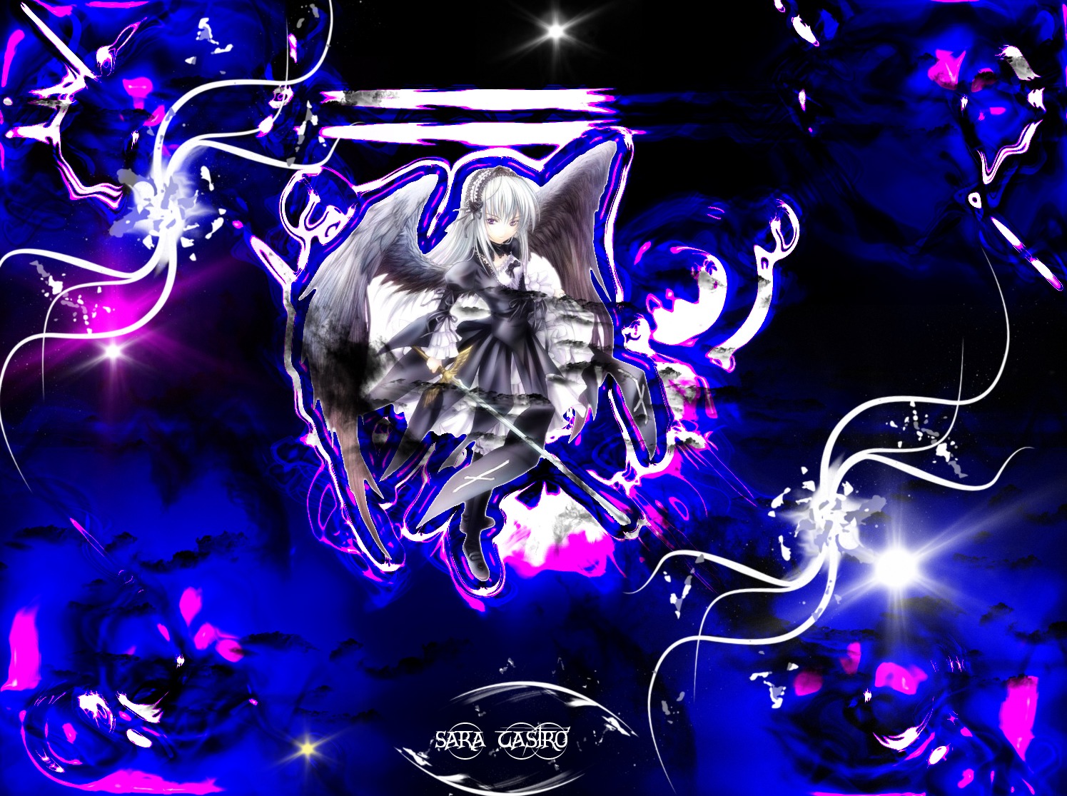1girl boots dress hairband image long_hair reflection solo suigintou white_hair wings