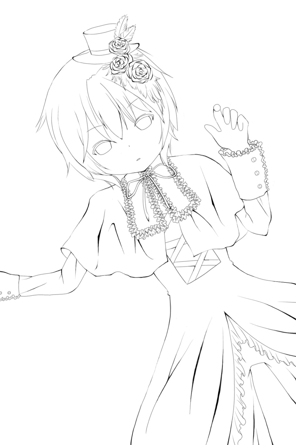 1boy blush capelet dress flower greyscale hat hat_flower image mini_hat mini_top_hat monochrome neck_ribbon ribbon rose solo souseiseki striped top_hat