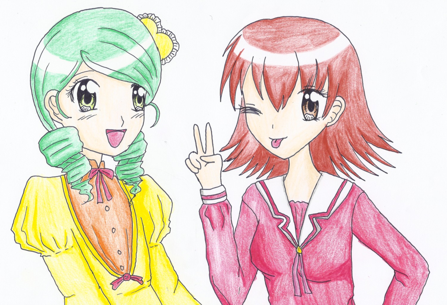 2girls ;p brown_eyes drill_hair green_eyes green_hair image kanaria long_sleeves multiple_girls one_eye_closed pink_hair school_uniform solo tongue tongue_out twin_drills upper_body v