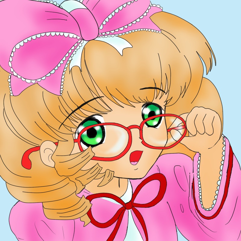 1girl adjusting_eyewear bespectacled blonde_hair blue_background bow drill_hair frills glasses green_eyes hair_bow hina_ichigo hinaichigo image looking_at_viewer open_mouth pink-framed_eyewear pink_bow red-framed_eyewear ribbon short_hair simple_background solo