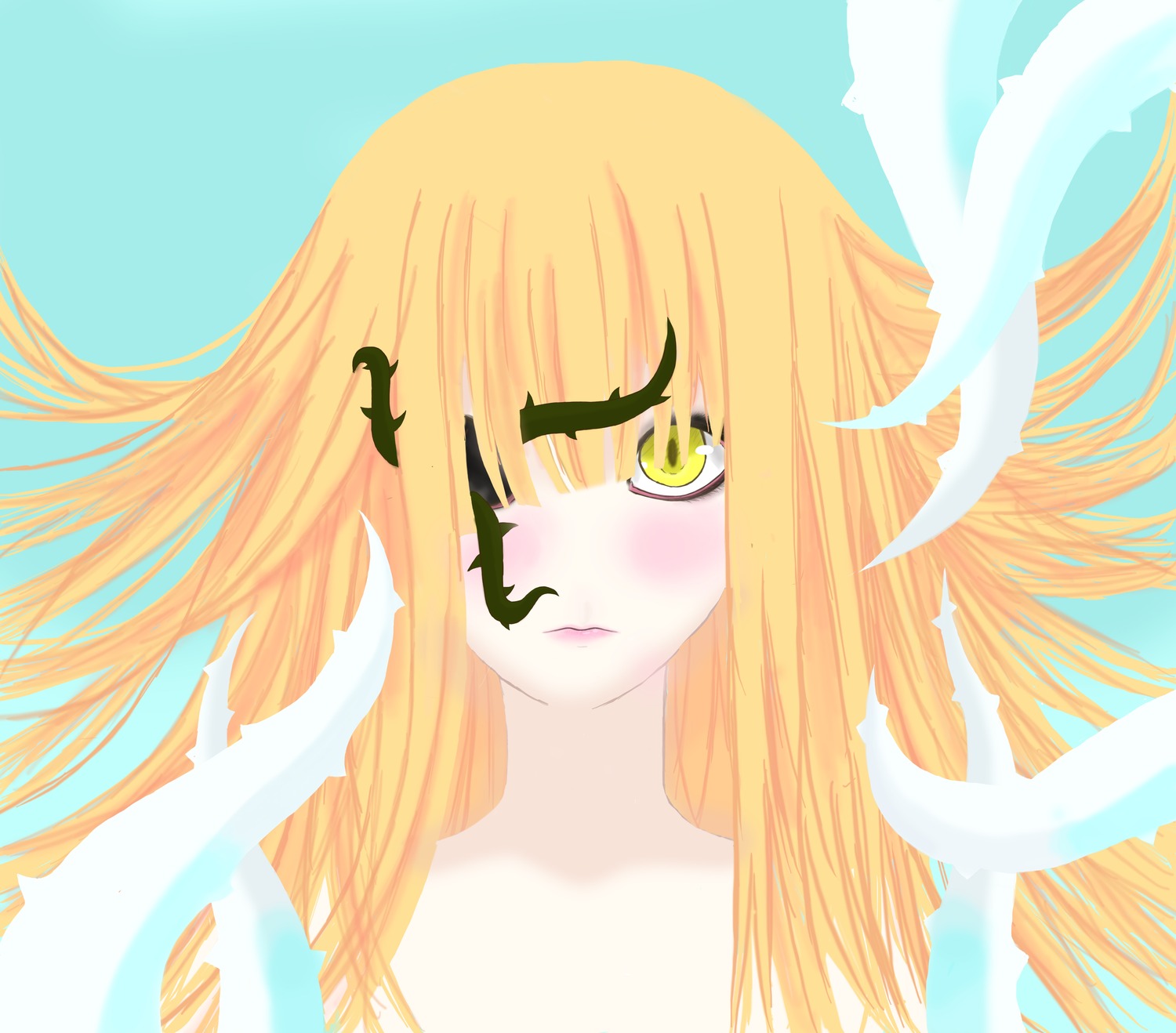 1girl bangs blonde_hair blunt_bangs blush face image kirakishou lips long_hair looking_at_viewer monster_girl solo yellow_eyes