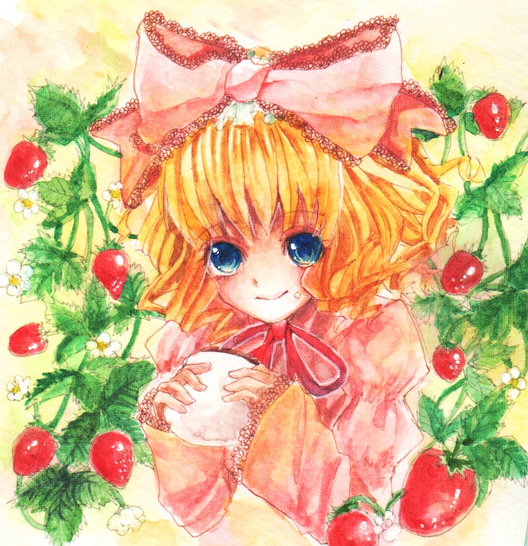 1girl apple blonde_hair blue_eyes blueberry bow cherry food fruit grapes hinaichigo holding_food holding_fruit image long_sleeves mandarin_orange melon orange peach ribbon short_hair smile solo strawberry tomato traditional_media upper_body watermelon