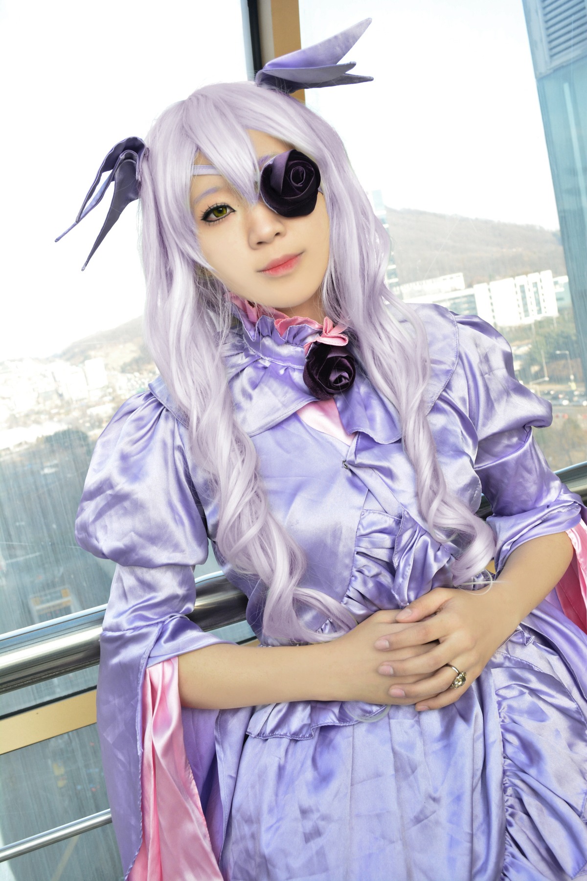 1girl auto_tagged barasuishou building dress eyepatch jewelry lips lipstick long_hair makeup ring solo white_hair