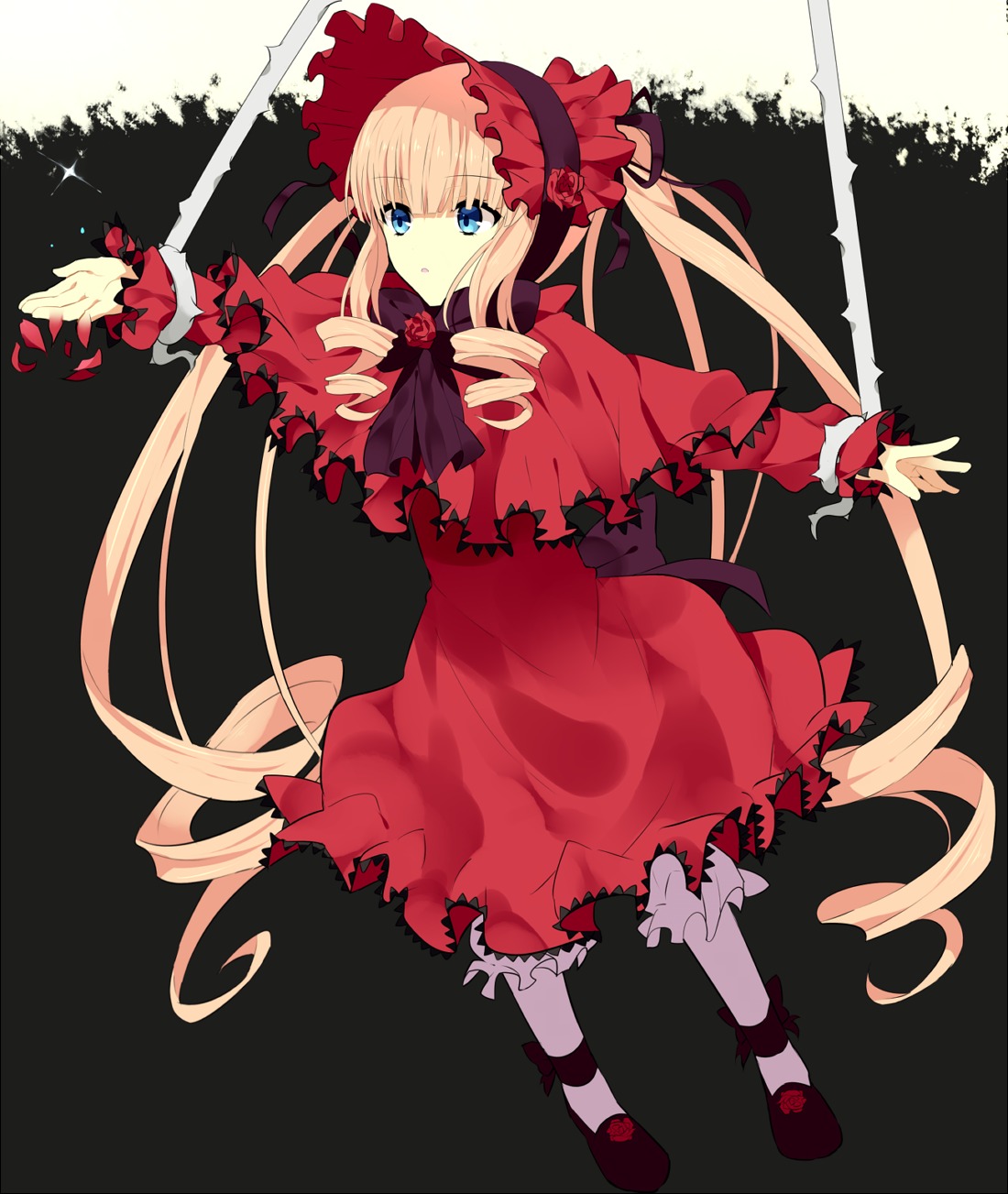 1girl blonde_hair blue_eyes bow bowtie capelet dress drill_hair flower full_body image long_hair long_sleeves red_dress ribbon rose shinku shoes solo twintails very_long_hair