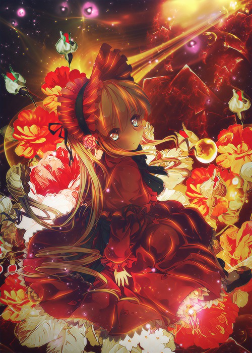 1girl blonde_hair bow dress flower frills hairband image lolita_fashion long_hair long_sleeves looking_at_viewer looking_back red_dress rose shinku sitting solo very_long_hair