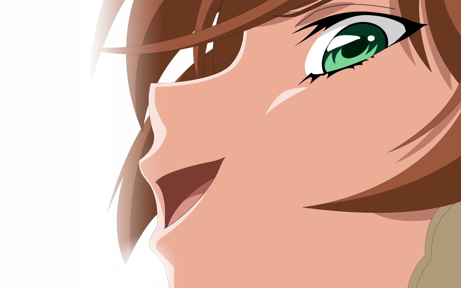 1girl :d bangs brown_hair close-up eyebrows_visible_through_hair face green_eyes image long_hair open_mouth shiny simple_background smile solo suiseiseki