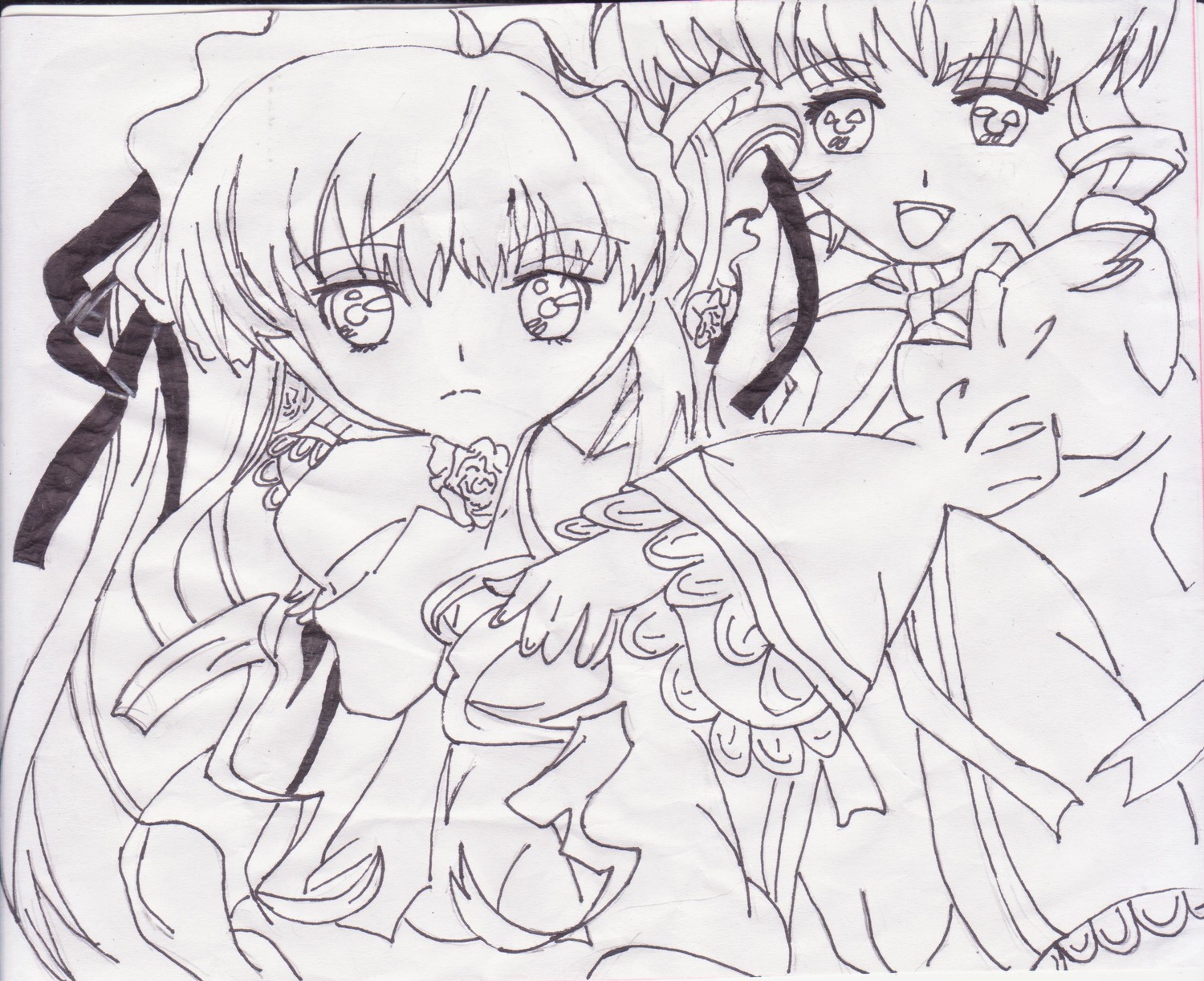 2girls :d blush dress drill_hair flower hinaichigo image long_hair long_sleeves monochrome multiple_girls open_mouth pair rose shinku smile traditional_media twin_drills upper_body