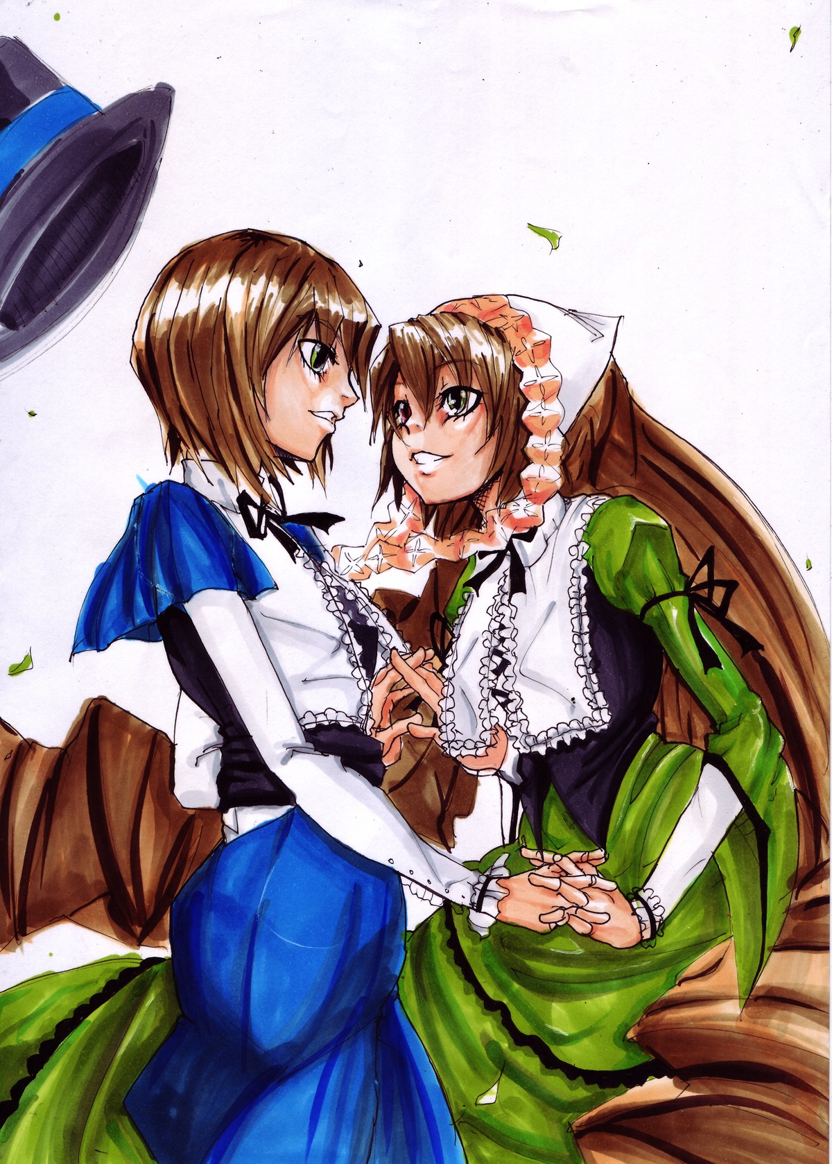 2girls brown_hair dress green_eyes hat holding_hands image incest interlocked_fingers leaf long_hair multiple_girls pair short_hair siblings sisters smile souseiseki suiseiseki top_hat twins