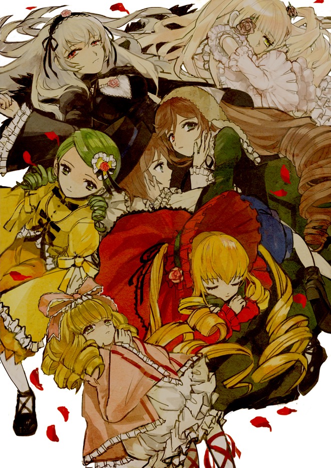 6+girls auto_tagged blonde_hair bow brown_hair closed_eyes dress drill_hair eyepatch frills hat hina_ichigo image kanaria long_hair multiple multiple_girls petals pink_bow red_eyes rose rose_petals shinku souseiseki suigintou suiseiseki tagme twintails yellow_eyes