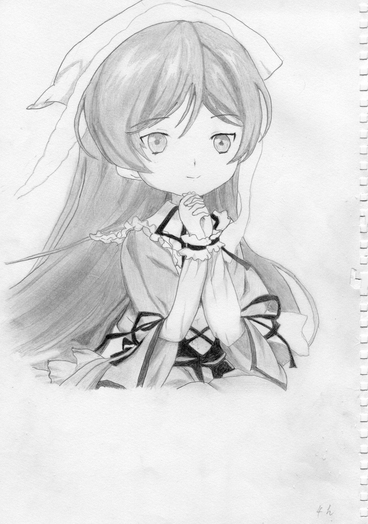 1girl bangs closed_mouth dress eyebrows_visible_through_hair frills graphite_(medium) greyscale hands_clasped hands_together hat image interlocked_fingers long_hair long_sleeves looking_at_viewer monochrome own_hands_together smile solo suiseiseki traditional_media upper_body