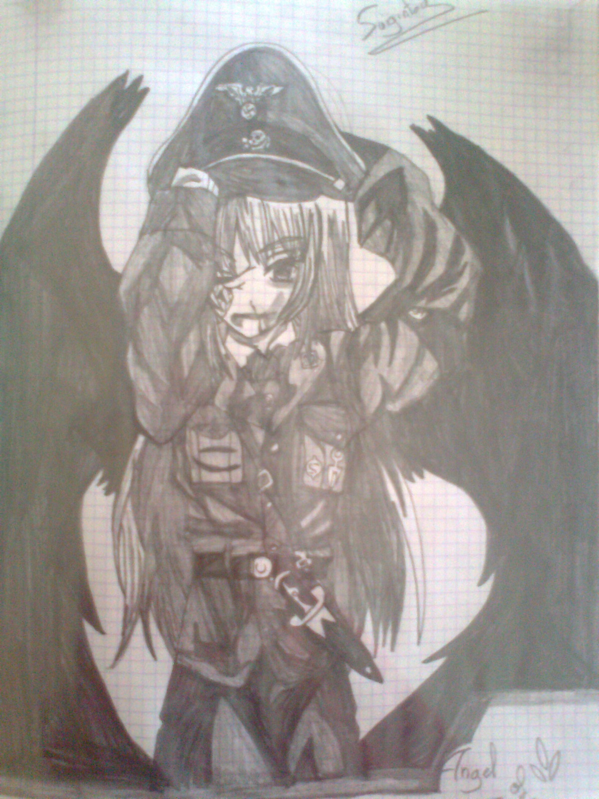1girl belt hat image long_hair military military_uniform monochrome signature solo suigintou uniform wings