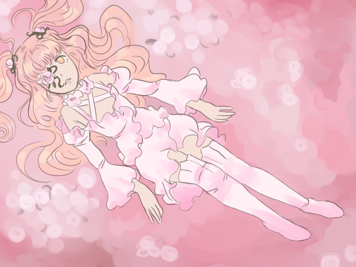 1girl bare_shoulders boots dress full_body hair_ornament image kirakishou long_hair pink_background pink_footwear pink_hair pink_theme solo thighhighs yellow_eyes