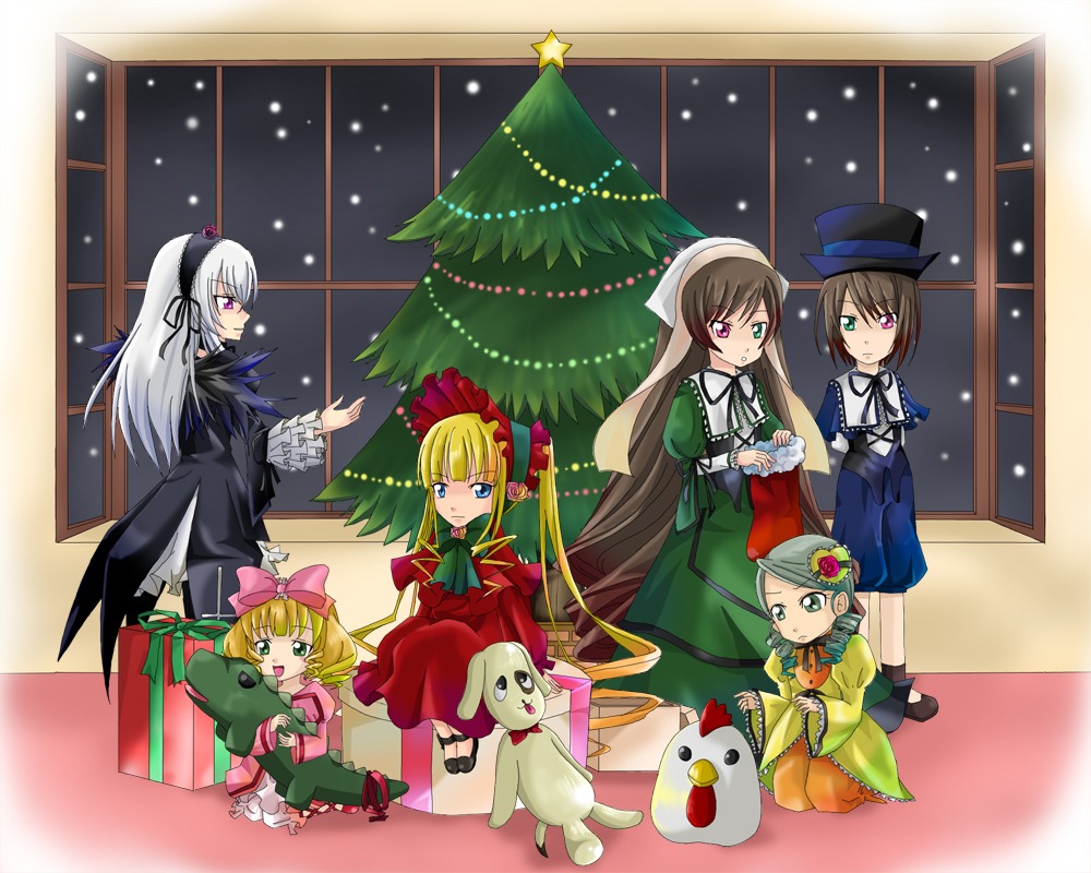 6+girls blonde_hair blue_dress blue_eyes bow box brown_hair christmas christmas_tree dress drill_hair gift hairband hat heterochromia hina_ichigo image kanaria long_hair long_sleeves multiple multiple_girls pink_bow red_eyes ribbon shinku siblings silver_hair sisters snow snowing souseiseki suigintou suiseiseki tagme window wings