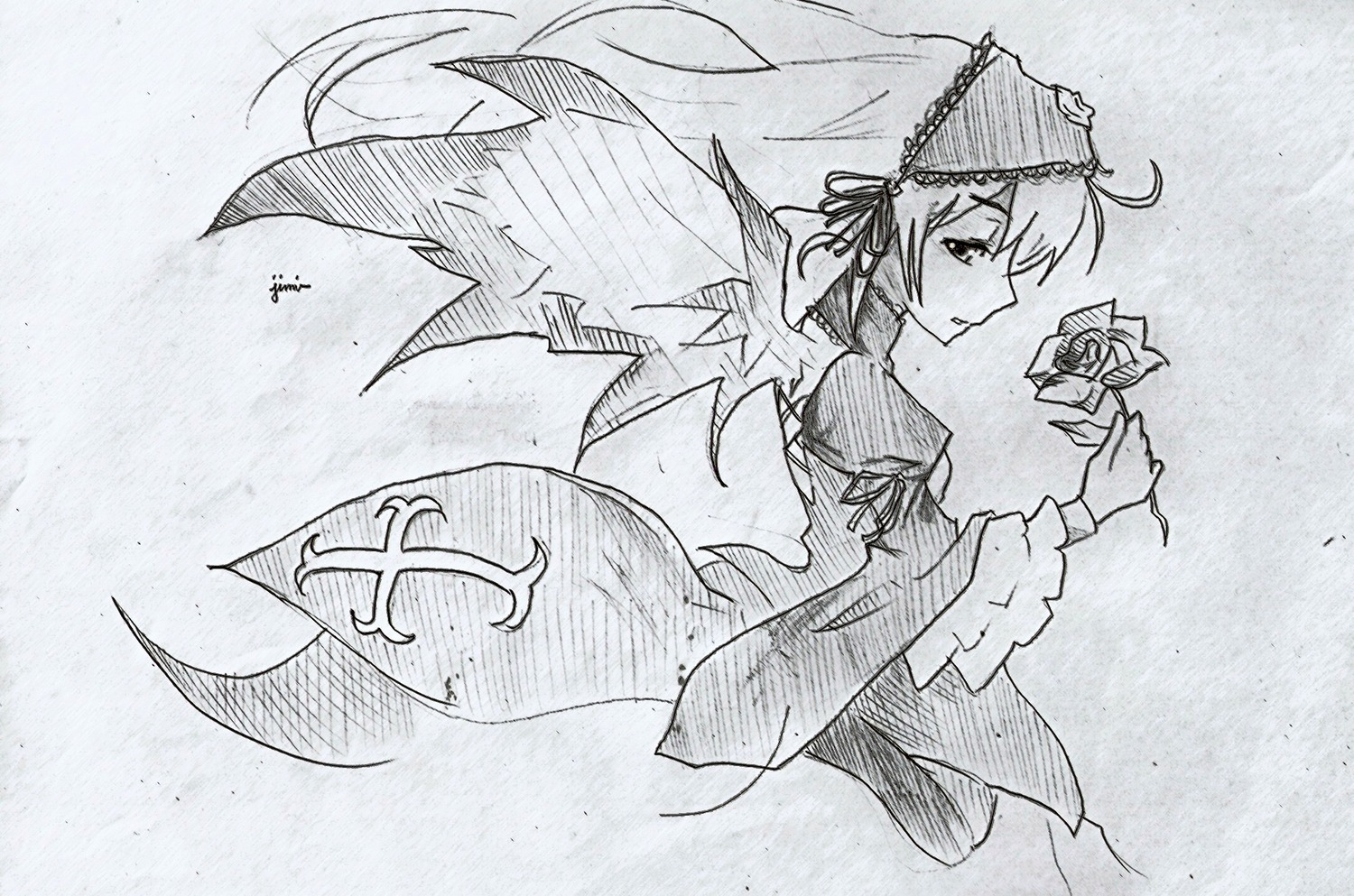 1girl blush dress flower holding_flower image juliet_sleeves long_hair long_sleeves monochrome rose smile solo suigintou wings