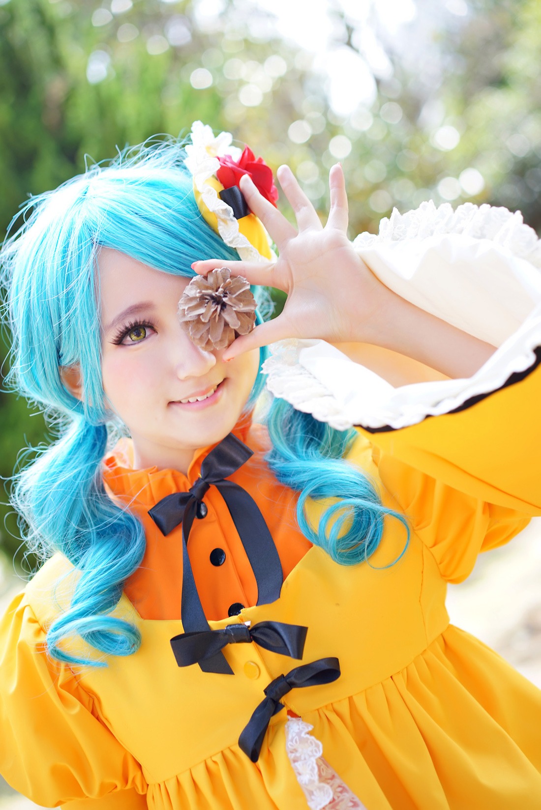 1girl blue_hair blurry dress flower hair_flower hair_ornament kanaria long_hair looking_at_viewer orange_shirt smile solo yellow_dress