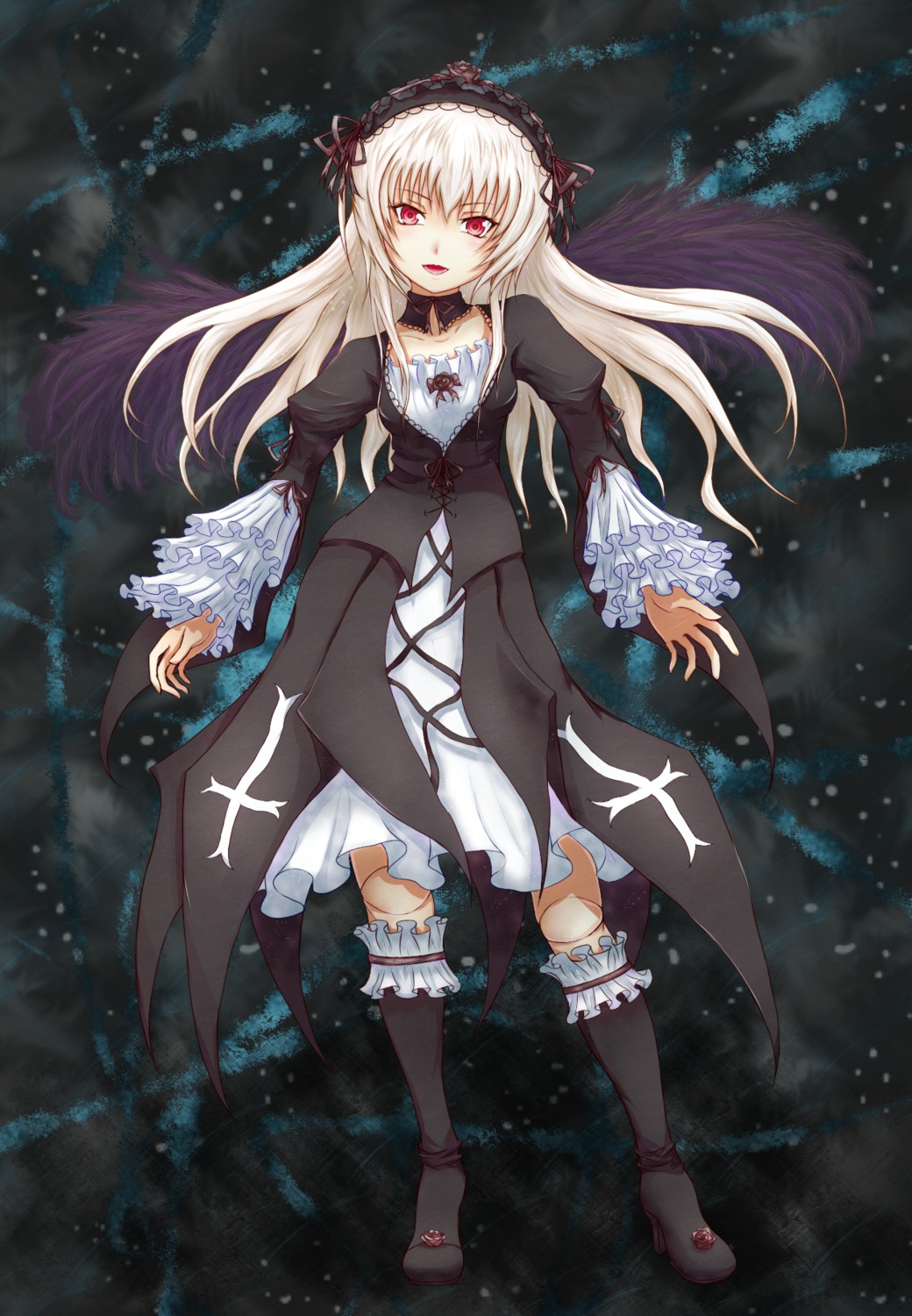 1girl asuto3 black_dress choker commentary_request cross doll_joints dress flower frills gothic_lolita hairband highres image joints lolita_fashion lolita_hairband long_hair long_sleeves looking_at_viewer night pink_eyes red_eyes rozen_maiden silver_hair solo suigintou white_hair wings