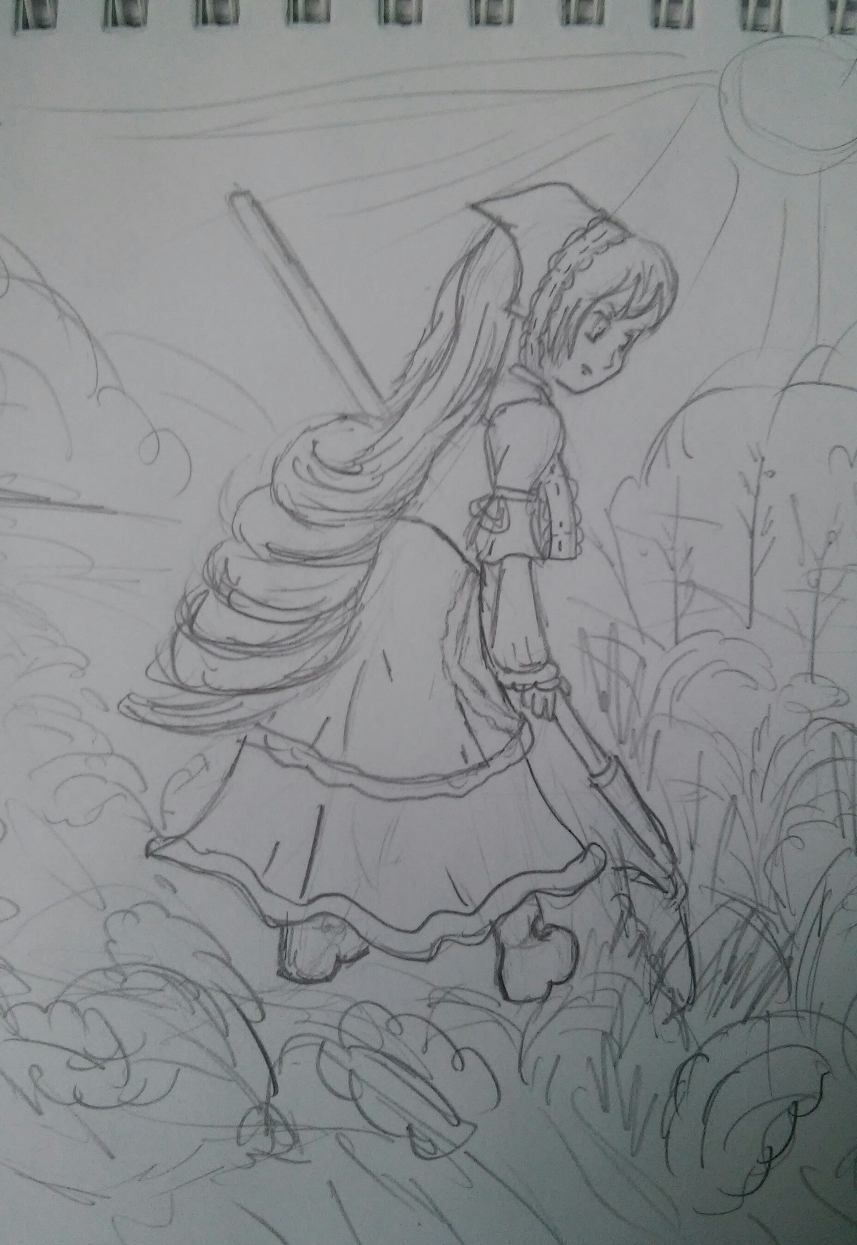1girl dress drill_hair full_body greyscale image long_hair monochrome sketch solo standing suiseiseki traditional_media very_long_hair