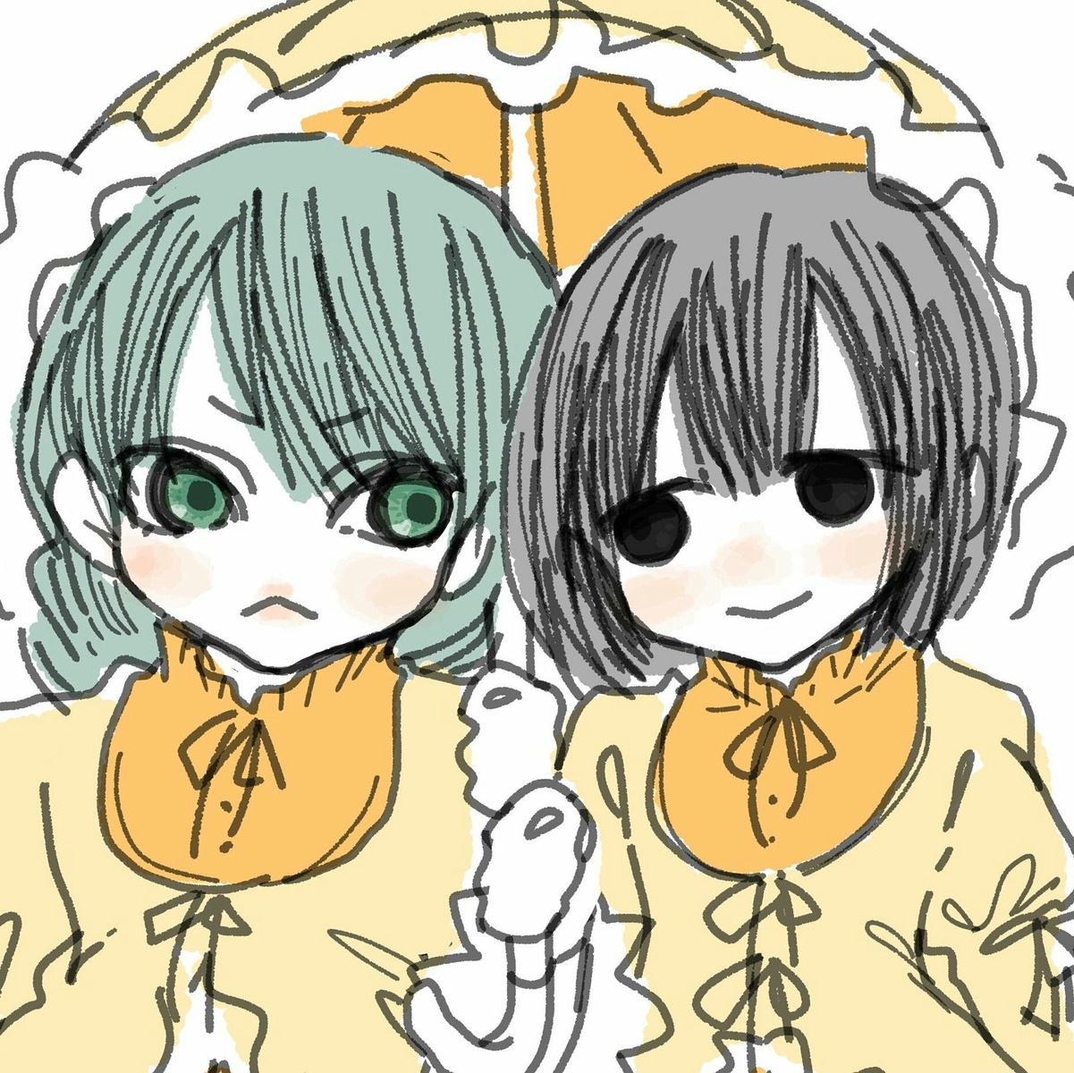 2girls black_eyes blush dress eyebrows_visible_through_hair green_eyes green_hair image kanaria looking_at_viewer multiple_girls orange_shirt ribbon short_hair smile solo umbrella yellow_dress