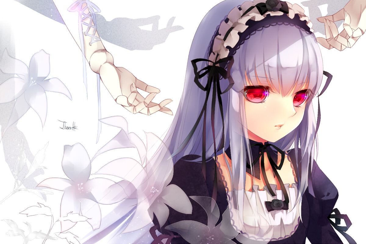 1girl arm_ribbon bad_id bad_pixiv_id bangs black_bow black_flower black_ribbon black_rose bow detached_collar doll_joints dress flower frills hair_flower hair_ornament hairband image joints juliet_sleeves lily_(flower) lips lolita_hairband long_hair long_sleeves looking_at_viewer out_of_frame puffy_sleeves red_eyes ribbon rose rozen_maiden signature silver_hair solo solo_focus suigintou tukino_(panna) upper_body white_background white_flower white_ribbon