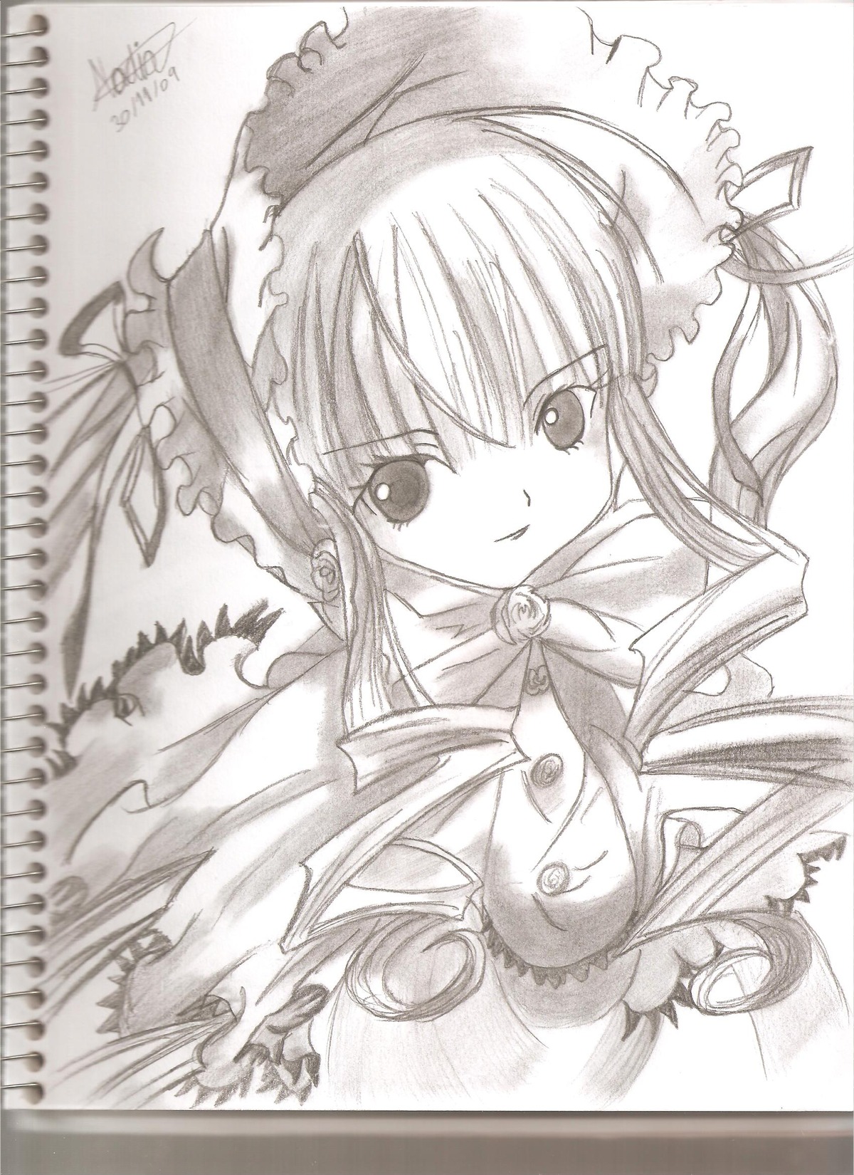 1girl auto_tagged bonnet dated frills greyscale image long_hair long_sleeves looking_at_viewer monochrome shinku smile solo torn_clothes traditional_media upper_body