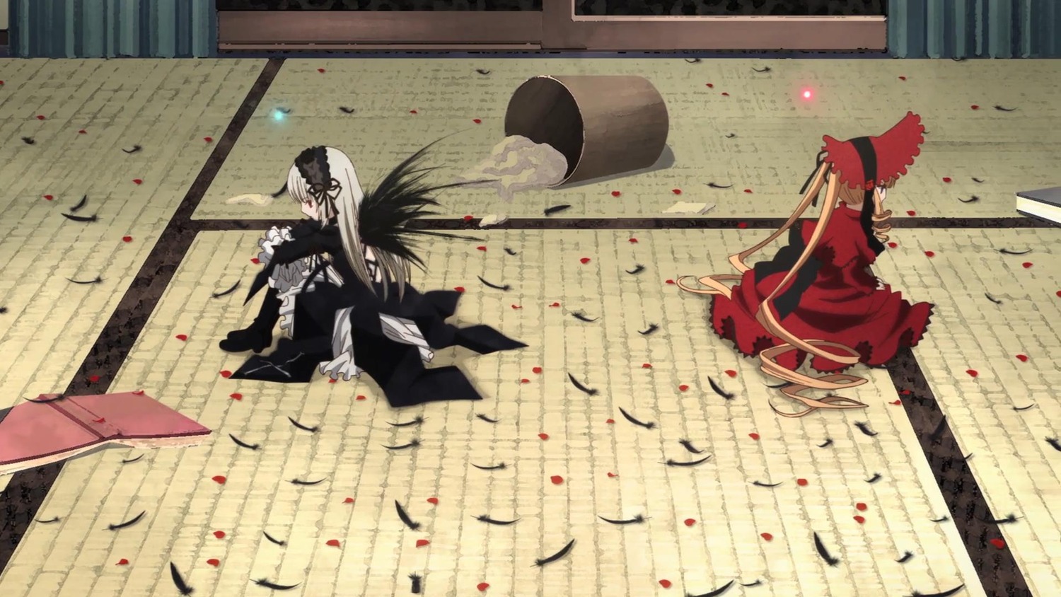 2boys battle bird black_hair crow feathers image katana long_hair multiple_boys pair petals shinku suigintou sword weapon