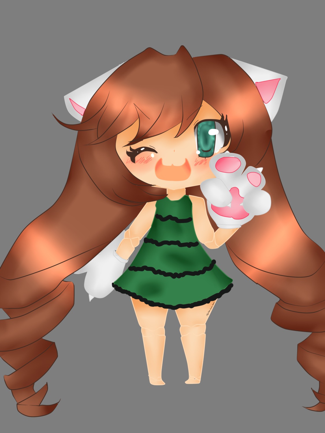 1girl blush brown_hair cat_ears chibi dress fang full_body green_eyes image long_hair one_eye_closed paws smile solo standing suiseiseki transparent_background very_long_hair