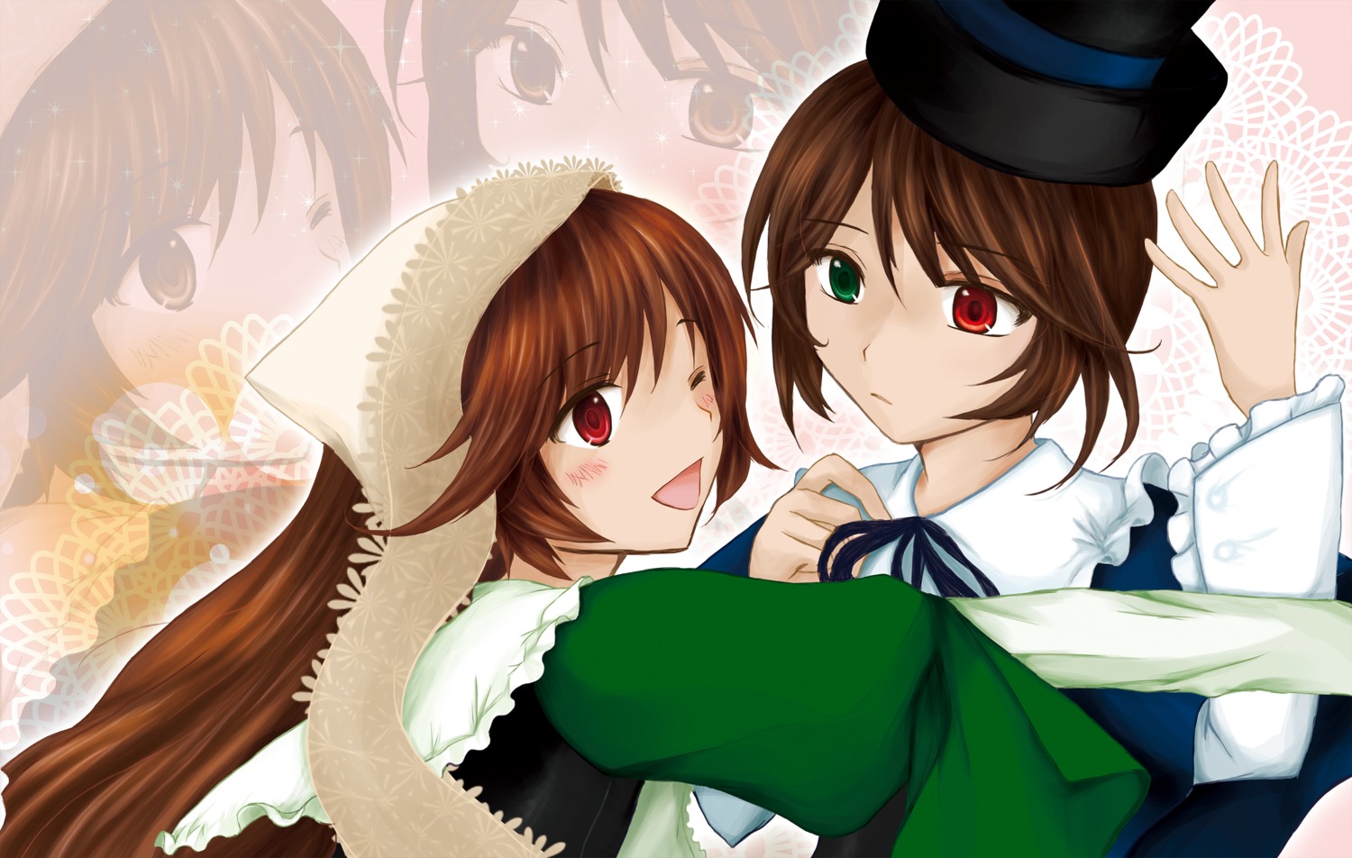 2girls auto_tagged brown_hair dress green_dress green_eyes hat head_scarf heterochromia image long_hair long_sleeves looking_at_viewer multiple_girls open_mouth pair red_eyes short_hair siblings sisters smile souseiseki suiseiseki twins zoom_layer